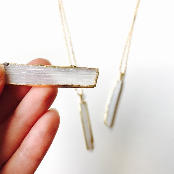 Raw Selenite Stick Dipped in 14K Gold Necklace - Picture 3 of 10